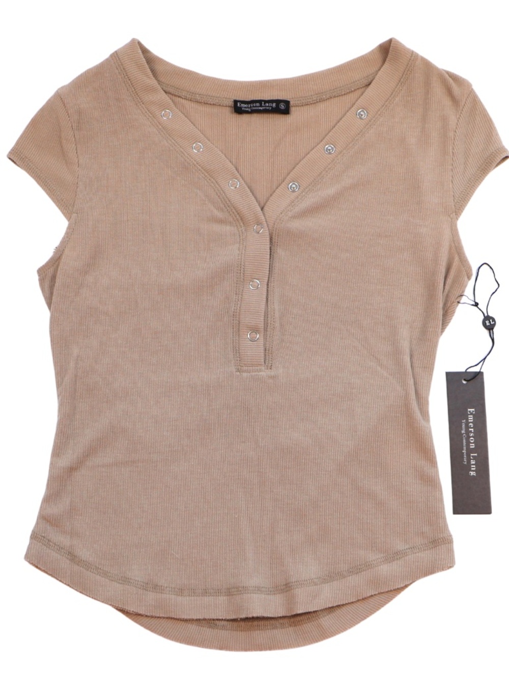 NWT Emerson Lang Ribbed Henley Tee Small Neutral Minimalist Top